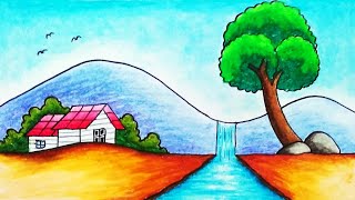 How to Draw Easy Scenery  Drawing Waterfall in the Village [upl. by Cimbura]