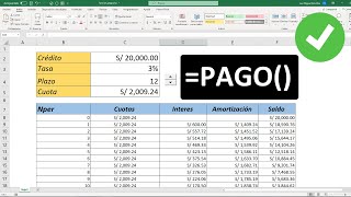 Función Pago en Excel Calculo de cuota de un préstamo basado en pagos y tasa de interés constantes [upl. by Ninerb]