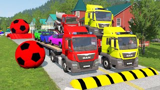 Double Flatbed Trailer Truck vs Speedbumps Train vs Cars  Tractor vs Train BeamngDrive 10 [upl. by Mclyman]