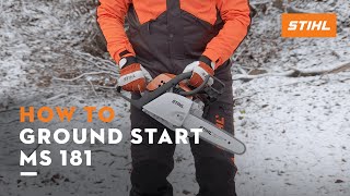 STIHL MS 181 ꘡ How to ground start using chainsaw with choke  Instruction [upl. by Burkle]