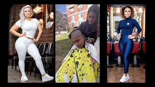 AI Barberettes Comment on Latin Lady Barber in Leggings Giving Three Guys a Headshave on the street [upl. by Atika]