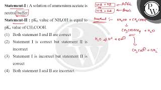 StatementI  A solution of ammonium acetate is neutral buffer\nStatementII  pKb value of NH4 [upl. by Peednus552]