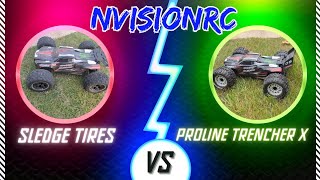 Traxxas Sledge Stock tires vs Proline Trenchers comparison Jumps start at 155 traxxas [upl. by Damarra579]