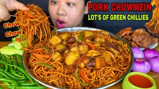 STREET STYLE 🔥SPICY PORK CHOWMEIN LOT’S OF GREEN CHILLIES amp PAKODA EATING  PORK BELLY MUKBANG [upl. by Jeffy409]