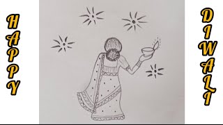 Traditional girl celebrating Diwali drawing Happy Diwali drawing Easy Diwali drawing Pencil art [upl. by Aigneis]