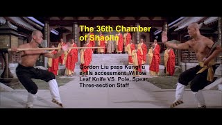 Gordon Liu pass KungFu skills accessment Willow Leaf Knife VS Pole Spear Threesection Staff [upl. by Anaujal220]