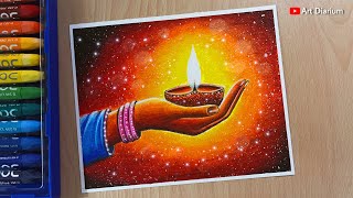 Diwali Drawing with Oil Pastels for beginners Indian festival poster making  Diwali Scene [upl. by Alanson549]