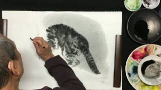 Chinese Brush Painting How to Paint a Cat by Hau Chiok Shi Rong Xuan 中国画猫和螳螂技法示范 昊寿·施荣宣老师画 [upl. by Blisse]