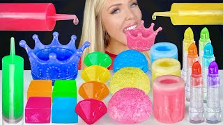 ASMR Rainbow Food Square Jelly Edible Crown Wax Candy Sour Strips Snoballs Syringe Mukbang 먹방 [upl. by Allsun879]