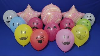 FUN ROUND MARBLE MYLAR BALLOON AND LOTS OF COLOURFULL EMOJI BALLOONS POPPING [upl. by Ploss974]