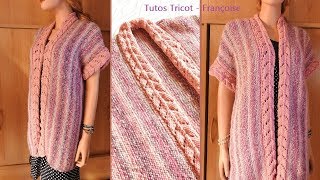 Tuto tricot gilet Femme sans manches point mousse et bandes ajourées taille 38 40  4244  4648 [upl. by Malha]