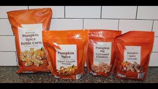 Aldi Pumpkin Spice Kettle Corn Yogurt Covered Pretzels Caramel Clusters amp Almonds Review [upl. by Yelnikcm201]