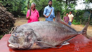 25 KG MONSTER TREVALLY FISH FRY  அரக்கன் பாறை மீன்  Giant Fish Cutting and Cooking in Village [upl. by Larrisa]