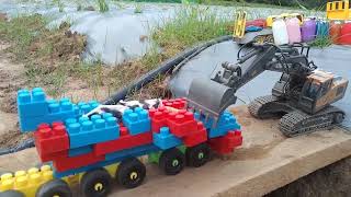 Ambulance fire truck police car postal car on the track Excavator pulling lego truck [upl. by Alat]