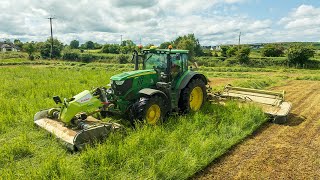 Mowing Second Cut Silage  John Deere 6215R Claas Triple Mowers [upl. by Haze443]