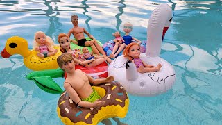 Family pool time  Elsa amp Anna toddlers  floaties  water fun  Barbie [upl. by Desmond]