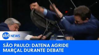 🔴SBT News na TV Datena é expulso de debate após dar cadeirada em Marçal [upl. by Kori]