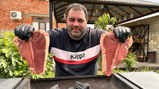 Delicious TBone Steak on the Grill with Greek Sauce and Tomatoes [upl. by Llewej714]