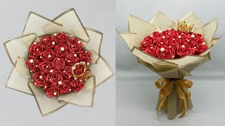 DIY  How To Make A Bouquet Of Roses From Satin Ribbons Easy  Bouquet Of Artificial Roses [upl. by Hyatt]