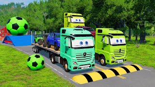 Double Flatbed Trailer Truck vs Speedbumps Train vs Cars  Tractor vs Train BeamngDrive [upl. by Ardnait311]