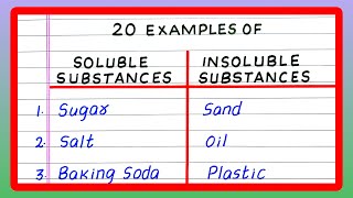 SOLUBLE AND INSOLUBLE SUBSTANCES  5  10  20 EXAMPLES OF SOLUBLE AND INSOLUBLE SUBSTANCES [upl. by Filberto]