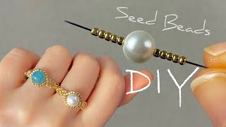 10 Minutes DIY Ring Easy Beaded Ring with Pearl and gold Seed Beads [upl. by Marabel]