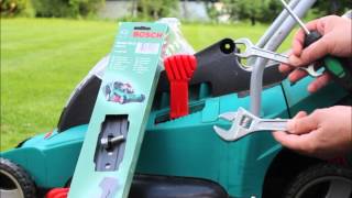 How to replace  change blade of Bosch Rotak cordless electric Lawn mower 43 40 37 34 32 36 LI [upl. by Hinman195]