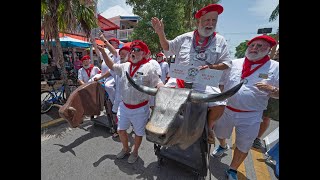 Hemingway LookAlikes Stage ‘Running of the Bulls’ Spoof in Key West 2024 [upl. by Aicilihp]