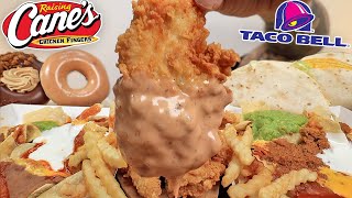 MUKBANG RAISING CANES FRIED CHICKEN TENDERS AND FRIES TACO BELL LOADED BEEF NACHOS LOADED TACOS ASMR [upl. by Kalila]