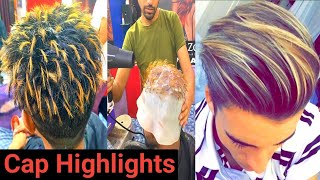 Mens Hair Highlights Tutorial In Hindi  Cap Highlighting  Blonde Highlights [upl. by Akilak]