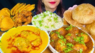 Eating Kadhi Chawal Dum Aloo Puri Pakoda  Veg Food  Big Bites  Asmr Mukbang  Eating Sounds [upl. by Annairba]