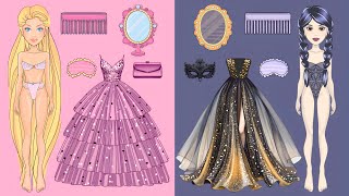 Paper Dolls Dress Up  Rich Pink Rapunzel Vs Poor Black Wednesday Handmade Papercraft [upl. by Munroe963]