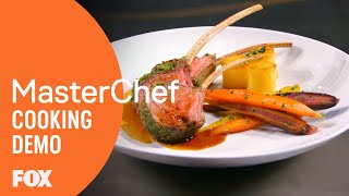 Gordon Demonstrates How To Cook Herb Crusted Rack Of Lamb  MASTERCHEF [upl. by Shifrah]