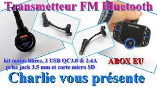 ABOX Transmetteur FM Bluetooth pour Voiture kit mains libres 2 USB prise jack et carte micro SD [upl. by Ellehsem]