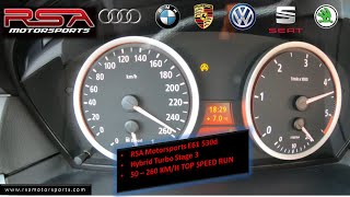 RSA Motorsports E61 530d  Hybrid Turbo Stage 3  50260 kmh Acceleration Test  Top Speed Run [upl. by Ainaznat]