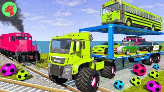 Double Flatbed Trailer Truck vs Speedbumps Train vs Cars  Tractor vs Train BeamngDrive [upl. by Boycie393]