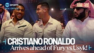 Cristiano Ronaldo arrives for FuryUsyk amp sits next to Anthony Joshua in front row 🇸🇦🐐 [upl. by Ahdar]