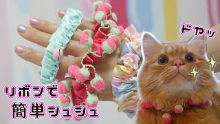 【DIY】猫用シュシュ首輪♡リボンで作る3種類の可愛いシュシュ【 こうじょうちょー 】 [upl. by Stephannie]