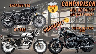 All 650cc twins detailed comparison 2024  shotgun  continental  super meteor Full review video [upl. by Elumas306]