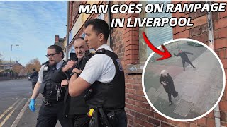 MIDDLE AGED man goes on a RAMPAGE IN LIVERPOOL smashing up SHOPS [upl. by Hairej]