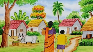 Beautiful Village Landscape Scenery Painting  Indian Village Scenery Painting with Watercolor [upl. by Hairakcaz286]