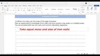 Plan an experiment to investigate if iron nails rust more quickly in tap water or in distilled wate [upl. by Ydualc]