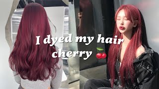 I dyed my hair cherry 🍒 ย้อมผมโทนสีเชอรี่ ไวน์เเดง ตามสาวเกาหลีขับผิวมากก [upl. by Eruot]