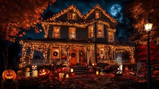 COZY AUTUMN HALLOWEEN HOME AMBIENCEFIREPITFALLING LEAVESPUMPKINSFULL MOONSOOTHING NATURE SOUNDS [upl. by Elirpa]