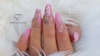 Sculpted coffin shape gel nails with pink babybomer and gold transfer foil nail art [upl. by Blumenfeld]