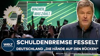 PARTEITAG DER GRÜNEN  Ruckrede mit Attacke auf Merz  Habeck fordert quotUpdate der Schuldenbremsequot [upl. by Matilde]