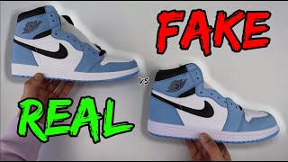 REAL VS FAKE NIKE AIR JORDAN 1 UNIVERSITY BLUE COMPARISON [upl. by Irdua]