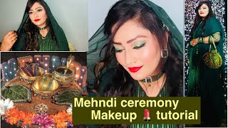 Mehndi ceremony makeup tutorial Mehndilook meeshogown Greenglittereyelook zeenulifestyle Makeup [upl. by Latimore]