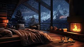 Snow Storm and Breathtaking View from the Bed in a Cozy Cabin Crackling Fire amp Wind Sound  Winter [upl. by Arymat963]