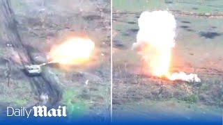 Ukraine T64BV hits and destroys Russian T72B3 whilst being ambushed by enemy antitank missiles [upl. by Samale]